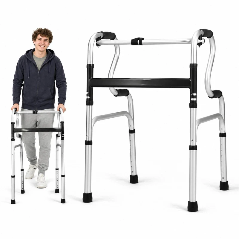 SUGIFT One Button Folding Walker, Lightweight Aluminum Walking Frame with Adjustable Height for Seniors, Compact Foldable Mobility Walker for Home and Travel, Silver