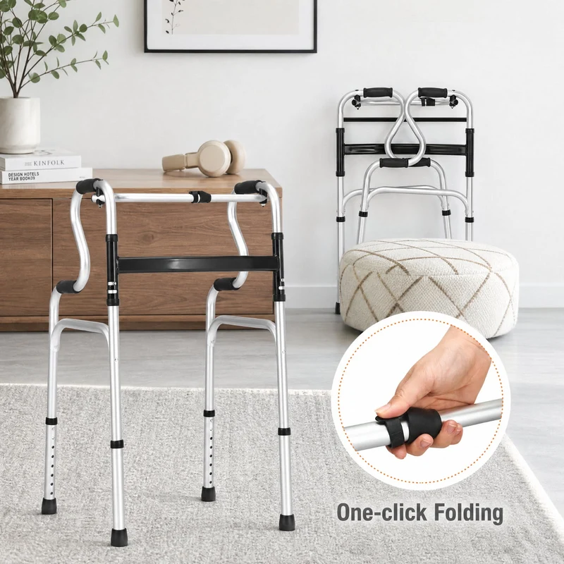 SUGIFT One Button Folding Walker, Lightweight Aluminum Walking Frame with Adjustable Height for Seniors, Compact Foldable Mobility Walker for Home and Travel, Silver