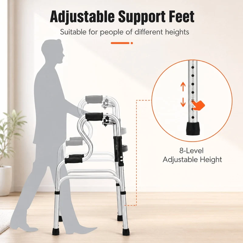 SUGIFT One Button Folding Walker, Lightweight Aluminum Walking Frame with Adjustable Height for Seniors, Compact Foldable Mobility Walker for Home and Travel, Silver