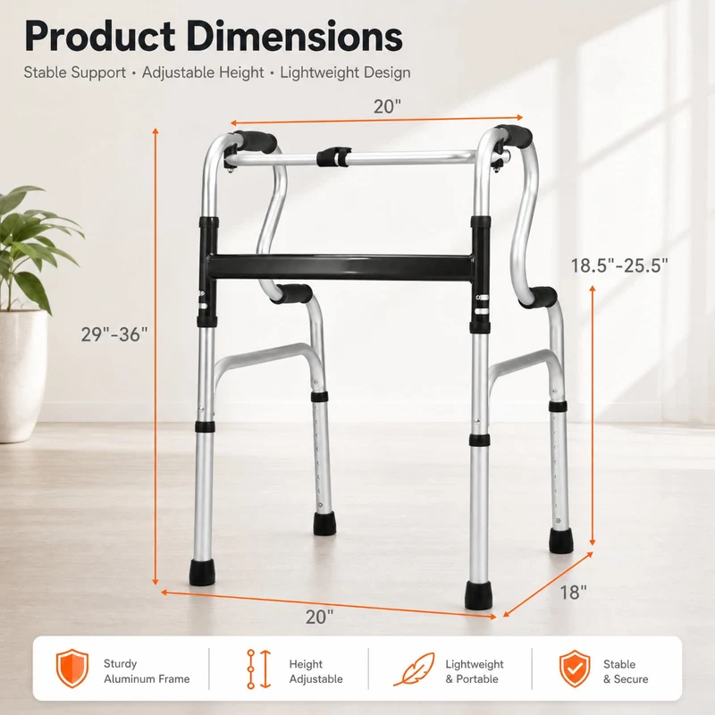 SUGIFT One Button Folding Walker, Lightweight Aluminum Walking Frame with Adjustable Height for Seniors, Compact Foldable Mobility Walker for Home and Travel, Silver
