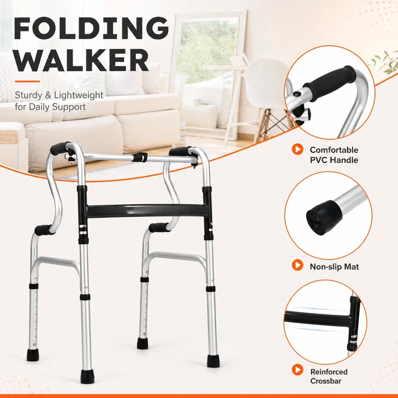 SUGIFT One Button Folding Walker, Lightweight Aluminum Walking Frame with Adjustable Height for Seniors, Compact Foldable Mobility Walker for Home and Travel, Silver