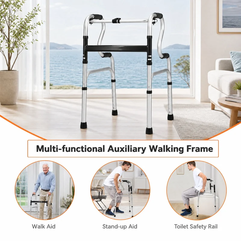 SUGIFT One Button Folding Walker, Lightweight Aluminum Walking Frame with Adjustable Height for Seniors, Compact Foldable Mobility Walker for Home and Travel, Silver