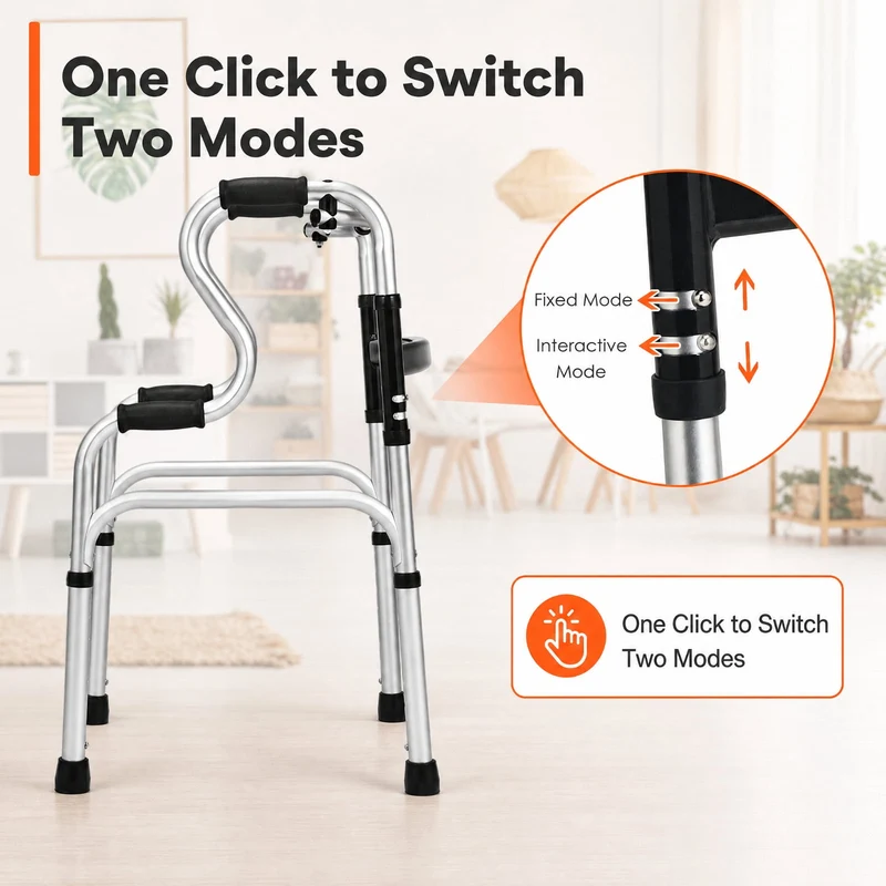 SUGIFT One Button Folding Walker, Lightweight Aluminum Walking Frame with Adjustable Height for Seniors, Compact Foldable Mobility Walker for Home and Travel, Silver