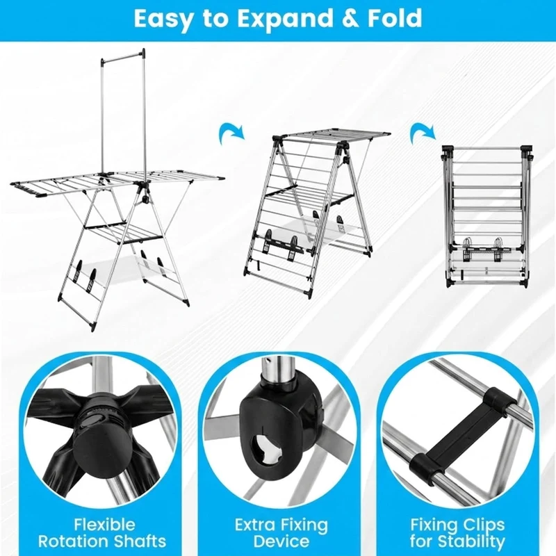 SUGIFT Clothes Drying Rack with 6 Level Adjustable Height 3 Tier Foldable Stainless Steel Laundry Rack Gullwing with Side Clips and 4 Shoe Holders for Balcony Laundry Room and Patio, Silver