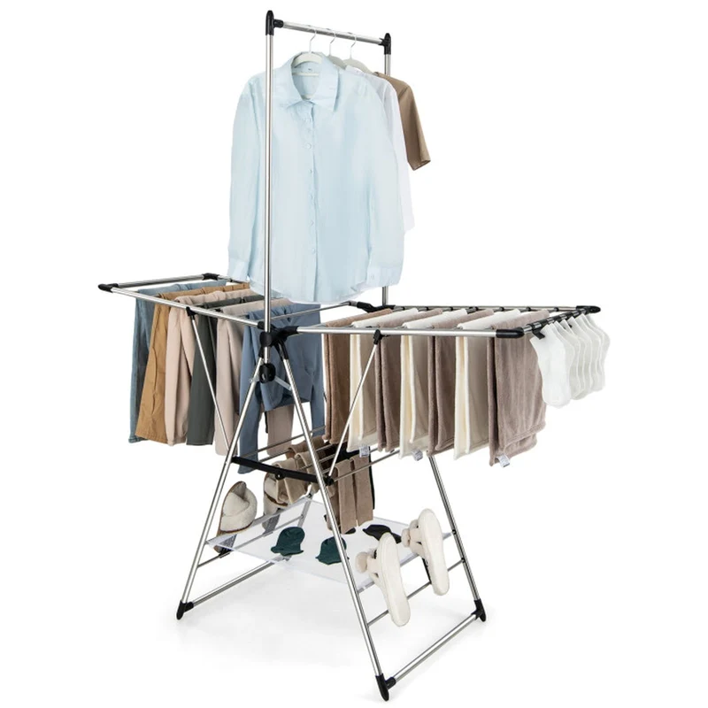 SUGIFT Clothes Drying Rack with 6 Level Adjustable Height 3 Tier Foldable Stainless Steel Laundry Rack Gullwing with Side Clips and 4 Shoe Holders for Balcony Laundry Room and Patio, Silver