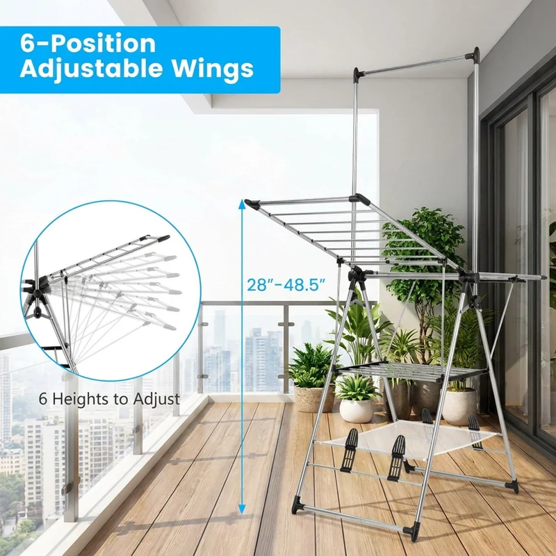 SUGIFT Clothes Drying Rack with 6 Level Adjustable Height 3 Tier Foldable Stainless Steel Laundry Rack Gullwing with Side Clips and 4 Shoe Holders for Balcony Laundry Room and Patio, Silver