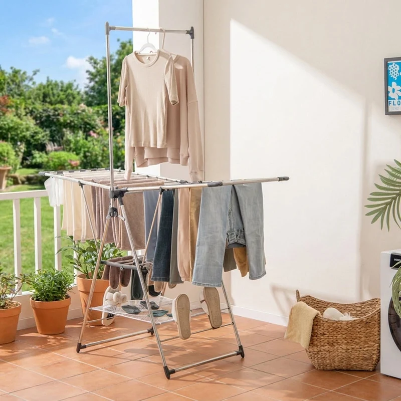 SUGIFT Clothes Drying Rack with 6 Level Adjustable Height 3 Tier Foldable Stainless Steel Laundry Rack Gullwing with Side Clips and 4 Shoe Holders for Balcony Laundry Room and Patio, Silver