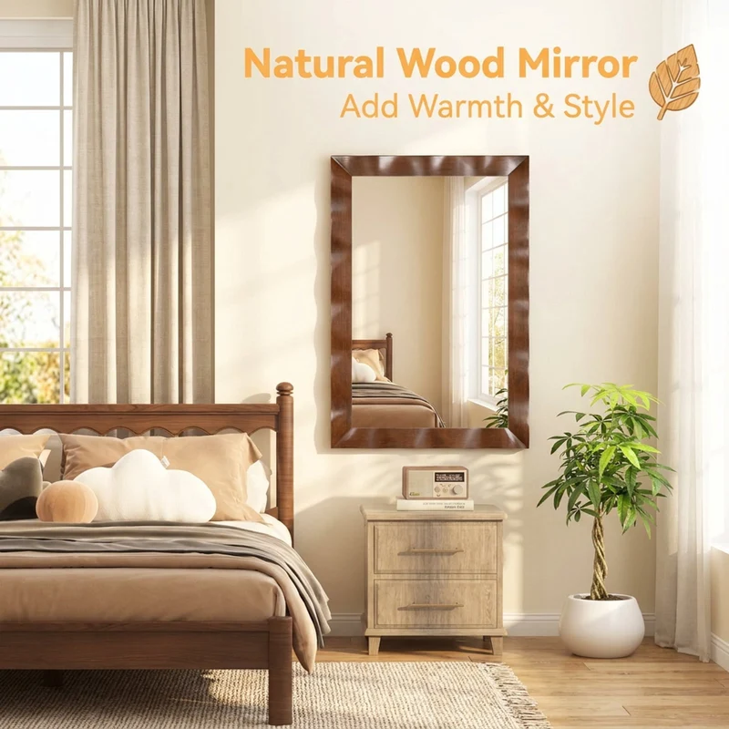 SUGIFT 41.5 x 28 Inch Rectangle Farmhouse Wall Mirror with Solid Rubberwood Frame, HD Silver Plated Glass, Horizontal or Vertical Hanging Decor for Living Room Bathroom Bedroom Entryway, Brown