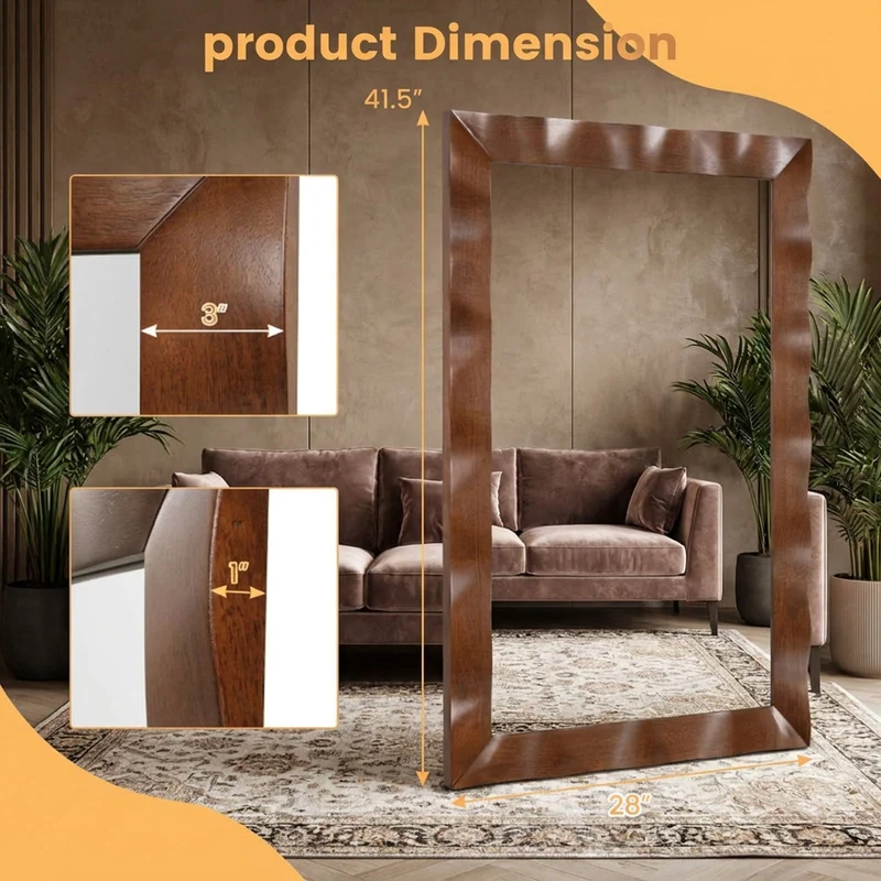 SUGIFT 41.5 x 28 Inch Rectangle Farmhouse Wall Mirror with Solid Rubberwood Frame, HD Silver Plated Glass, Horizontal or Vertical Hanging Decor for Living Room Bathroom Bedroom Entryway, Brown