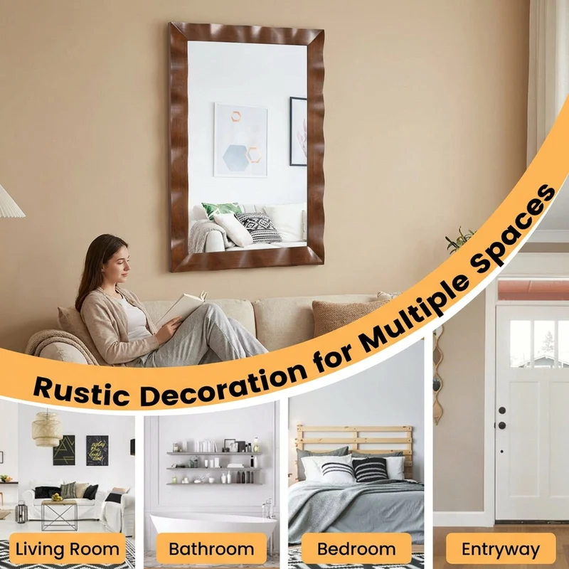 SUGIFT 41.5 x 28 Inch Rectangle Farmhouse Wall Mirror with Solid Rubberwood Frame, HD Silver Plated Glass, Horizontal or Vertical Hanging Decor for Living Room Bathroom Bedroom Entryway, Brown