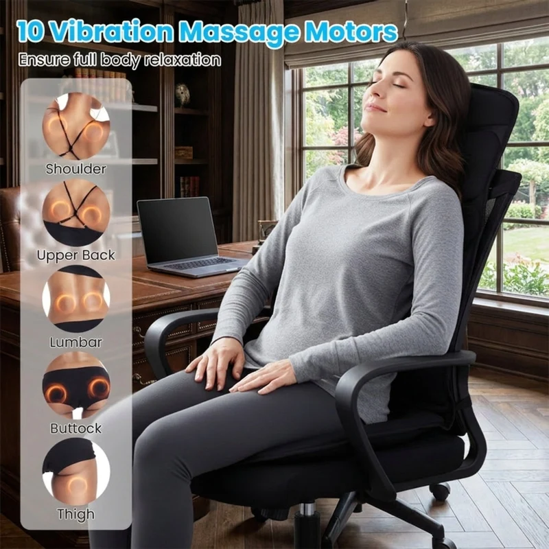SUGIFT Back Massager Seat Cushion with Heat, Shiatsu Massage Chair Pad with 10 Vibration Motors and Adjustable Settings for Home Office and Car Relaxation, Black