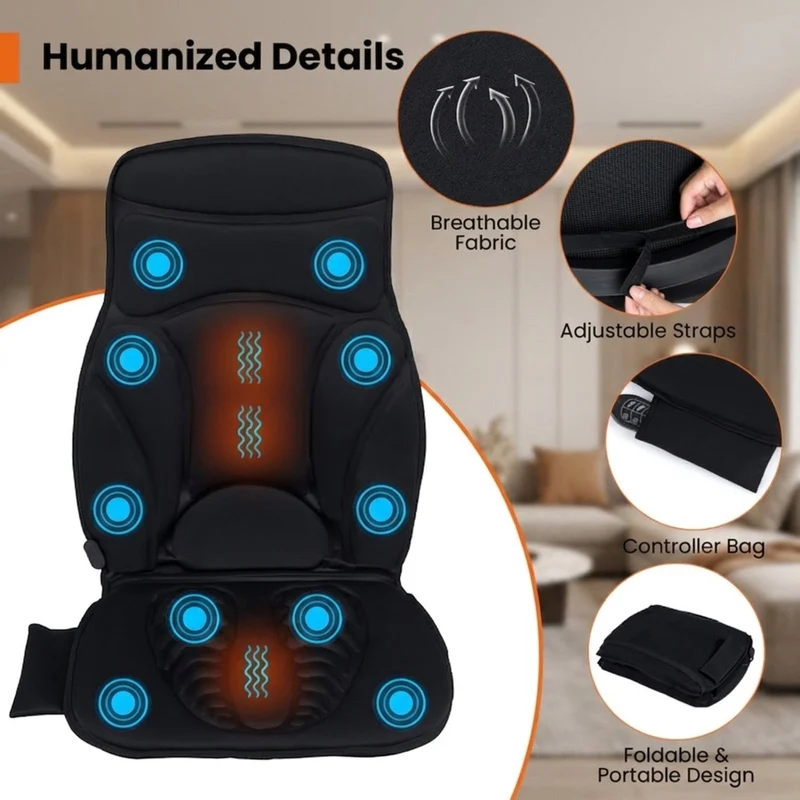 SUGIFT Back Massager Seat Cushion with Heat, Shiatsu Massage Chair Pad with 10 Vibration Motors and Adjustable Settings for Home Office and Car Relaxation, Black