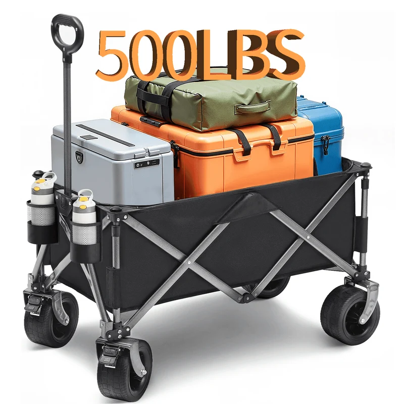 SUGIFT 500lbs Capacity Collapsible Wagon Cart, Beach Wagons with Big All-Terrain Wheels, 150L Utility Carts for Groceries, Camping, Black