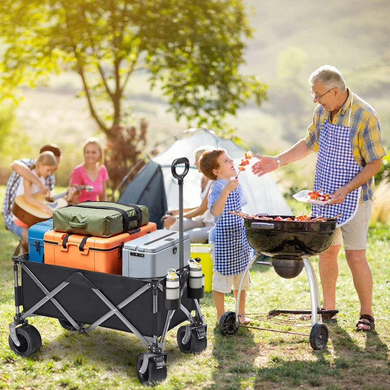 SUGIFT 500lbs Capacity Collapsible Wagon Cart, Beach Wagons with Big All-Terrain Wheels, 150L Utility Carts for Groceries, Camping, Black