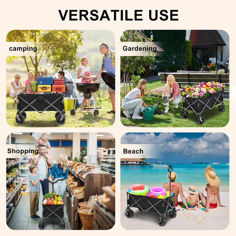 SUGIFT 500lbs Capacity Collapsible Wagon Cart, Beach Wagons with Big All-Terrain Wheels, 150L Utility Carts for Groceries, Camping, Black