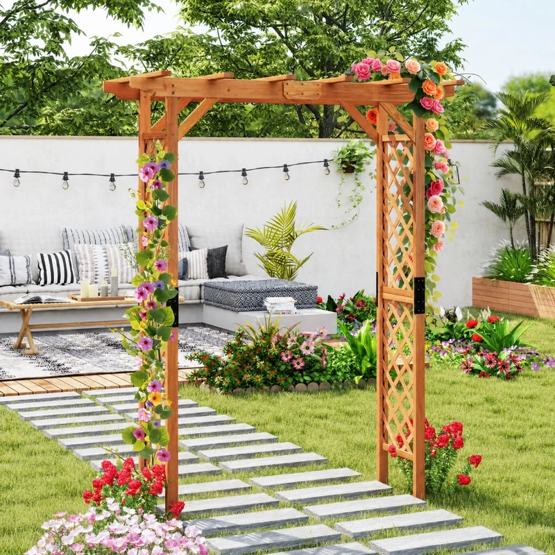 SUGIFT 7 Feet Wooden Garden Arbor Arch, Fir Wood Plant Trellis Pergola Archway for Outdoor Yard Patio Wedding Climbing Vines Decor, Natural Wood