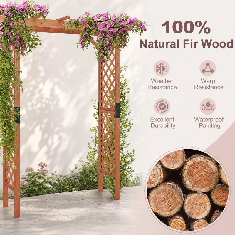 SUGIFT 7 Feet Wooden Garden Arbor Arch, Fir Wood Plant Trellis Pergola Archway for Outdoor Yard Patio Wedding Climbing Vines Decor, Natural Wood