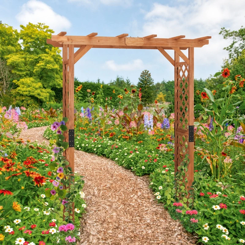 SUGIFT 7 Feet Wooden Garden Arbor Arch, Fir Wood Plant Trellis Pergola Archway for Outdoor Yard Patio Wedding Climbing Vines Decor, Natural Wood