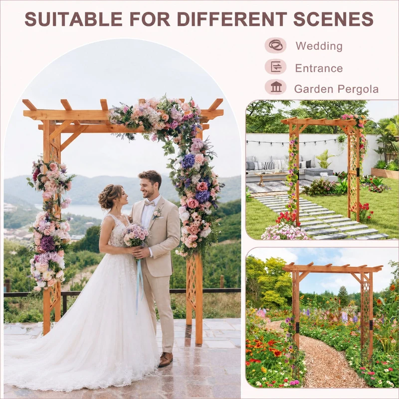 SUGIFT 7 Feet Wooden Garden Arbor Arch, Fir Wood Plant Trellis Pergola Archway for Outdoor Yard Patio Wedding Climbing Vines Decor, Natural Wood
