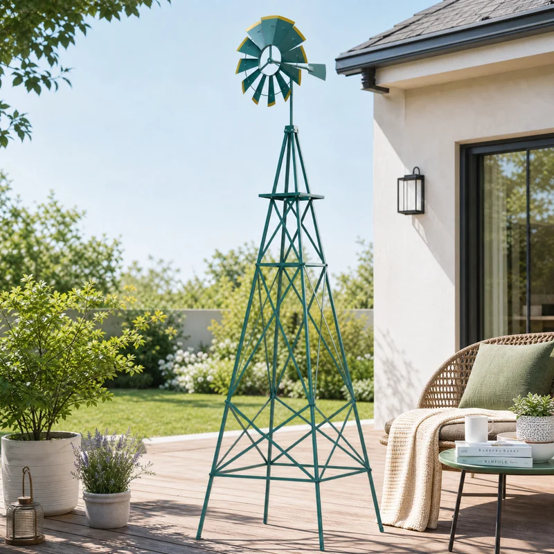 SUGIFT 8 Feet Windmill Metal Wind Spinner, Outdoor Garden Wind Spinner Kinetic Wind Wheel for Yard Lawn Patio Decor, Weather Resistant, Green