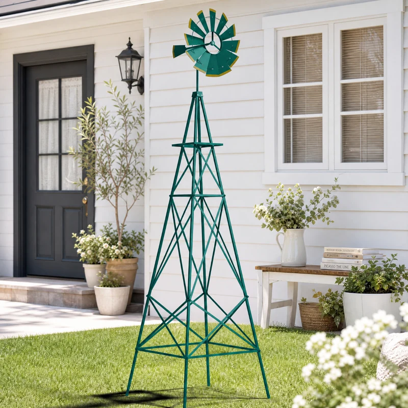 SUGIFT 8 Feet Windmill Metal Wind Spinner, Outdoor Garden Wind Spinner Kinetic Wind Wheel for Yard Lawn Patio Decor, Weather Resistant, Green