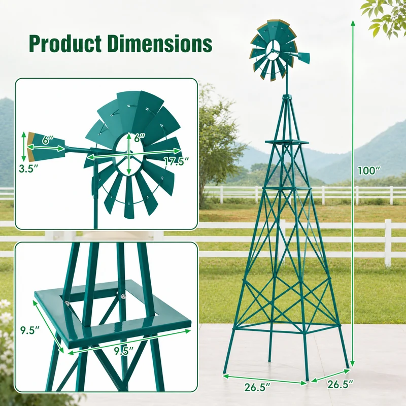 SUGIFT 8 Feet Windmill Metal Wind Spinner, Outdoor Garden Wind Spinner Kinetic Wind Wheel for Yard Lawn Patio Decor, Weather Resistant, Green