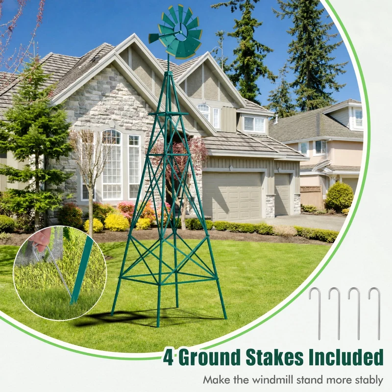 SUGIFT 8 Feet Windmill Metal Wind Spinner, Outdoor Garden Wind Spinner Kinetic Wind Wheel for Yard Lawn Patio Decor, Weather Resistant, Green