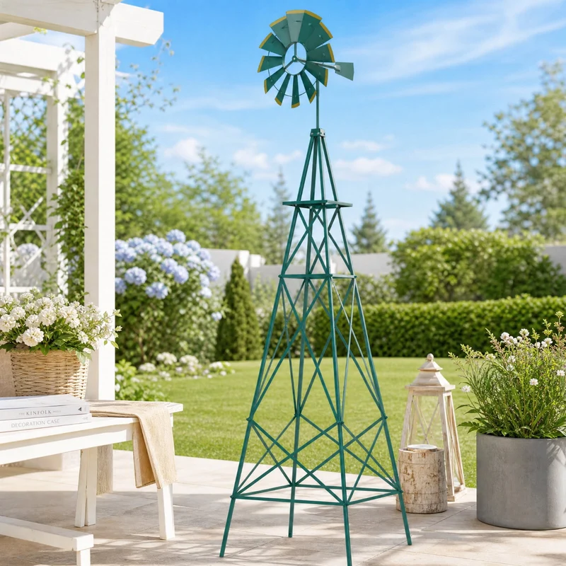 SUGIFT 8 Feet Windmill Metal Wind Spinner, Outdoor Garden Wind Spinner Kinetic Wind Wheel for Yard Lawn Patio Decor, Weather Resistant, Green