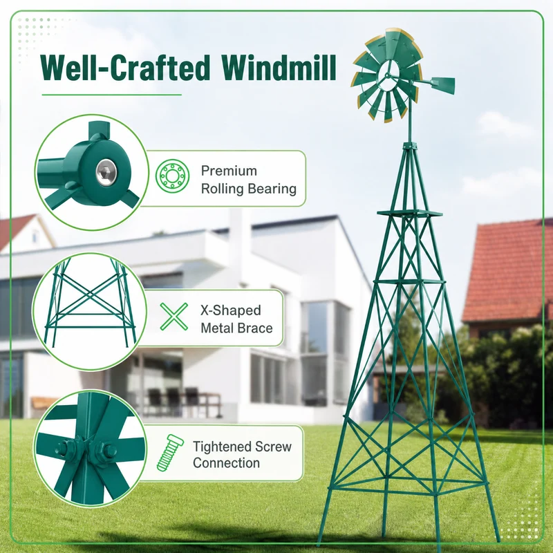 SUGIFT 8 Feet Windmill Metal Wind Spinner, Outdoor Garden Wind Spinner Kinetic Wind Wheel for Yard Lawn Patio Decor, Weather Resistant, Green