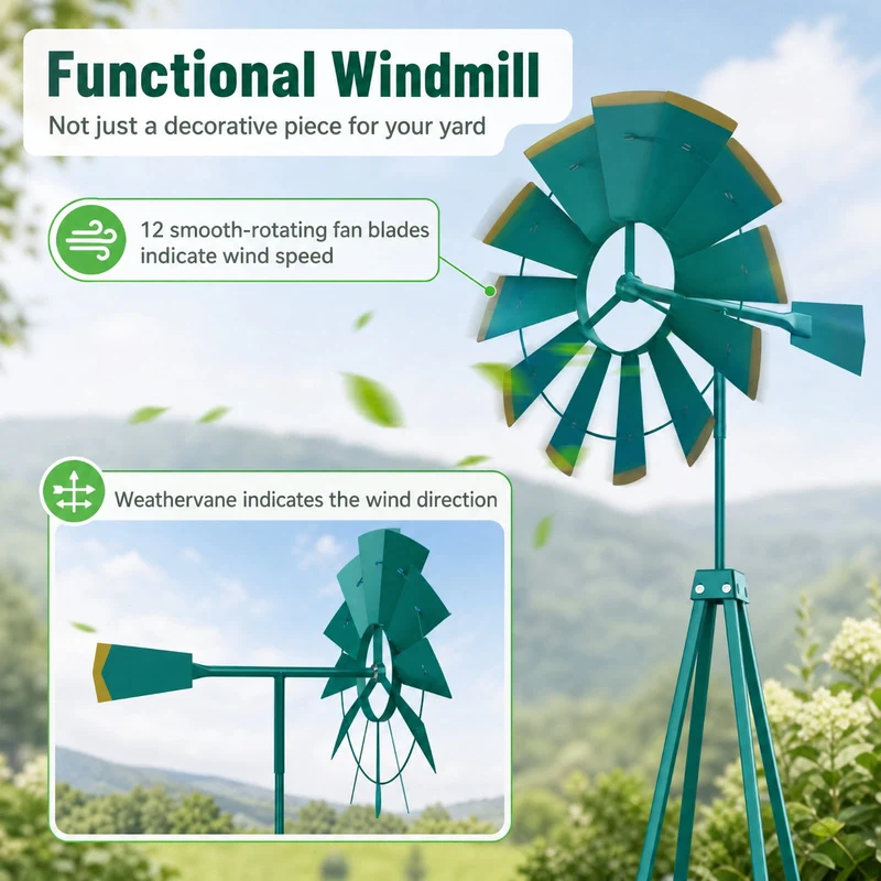 SUGIFT 8 Feet Windmill Metal Wind Spinner, Outdoor Garden Wind Spinner Kinetic Wind Wheel for Yard Lawn Patio Decor, Weather Resistant, Green