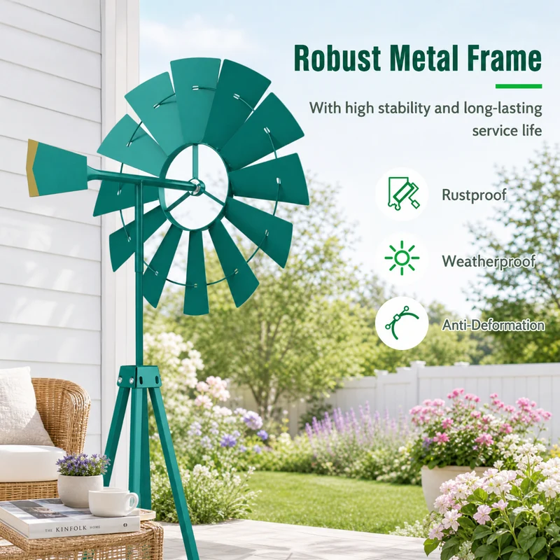SUGIFT 8 Feet Windmill Metal Wind Spinner, Outdoor Garden Wind Spinner Kinetic Wind Wheel for Yard Lawn Patio Decor, Weather Resistant, Green