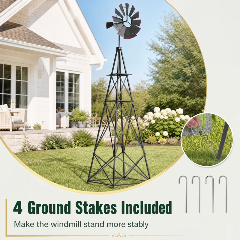 SUGIFT 8 Feet Windmill Metal Wind Spinner, Outdoor Garden Wind Spinner Kinetic Wind Wheel for Yard Lawn Patio Decor, Weather Resistant, Gray