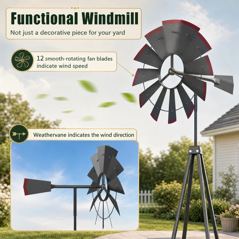 SUGIFT 8 Feet Windmill Metal Wind Spinner, Outdoor Garden Wind Spinner Kinetic Wind Wheel for Yard Lawn Patio Decor, Weather Resistant, Gray