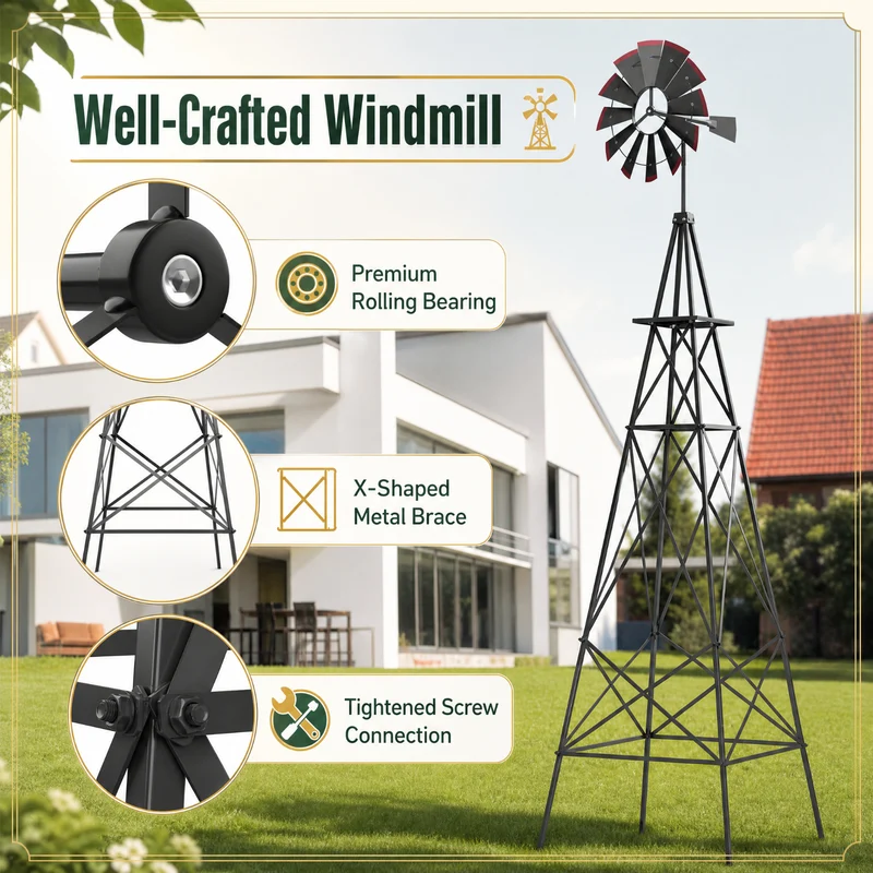 SUGIFT 8 Feet Windmill Metal Wind Spinner, Outdoor Garden Wind Spinner Kinetic Wind Wheel for Yard Lawn Patio Decor, Weather Resistant, Gray