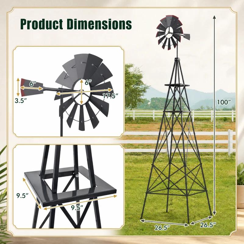 SUGIFT 8 Feet Windmill Metal Wind Spinner, Outdoor Garden Wind Spinner Kinetic Wind Wheel for Yard Lawn Patio Decor, Weather Resistant, Gray