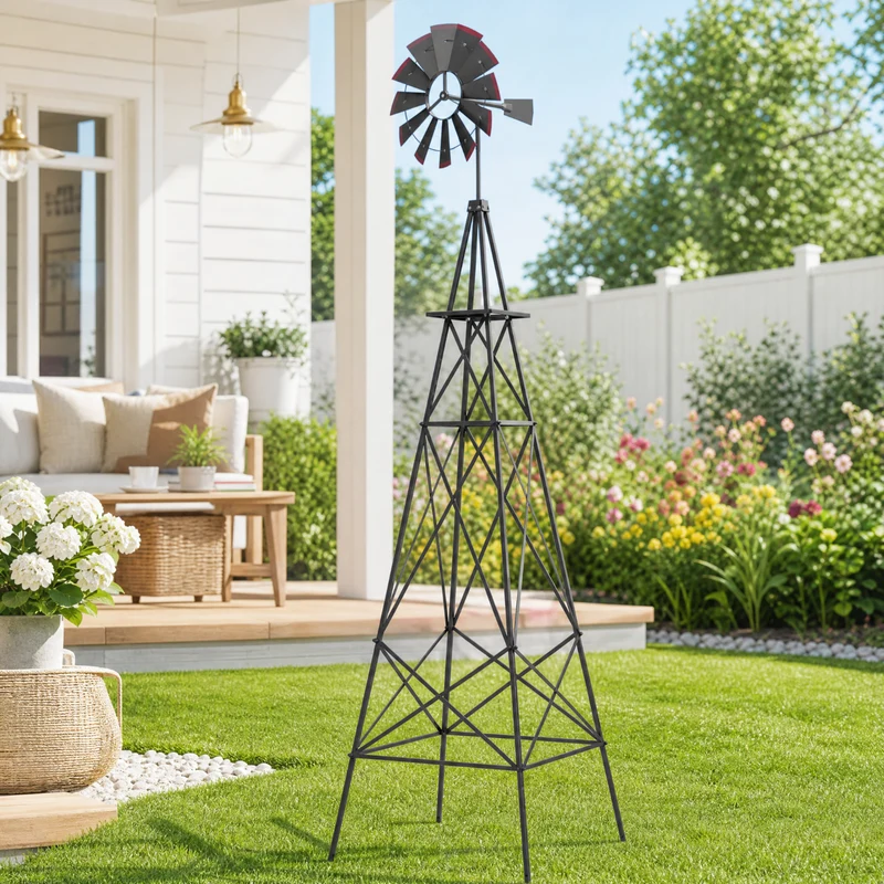 SUGIFT 8 Feet Windmill Metal Wind Spinner, Outdoor Garden Wind Spinner Kinetic Wind Wheel for Yard Lawn Patio Decor, Weather Resistant, Gray