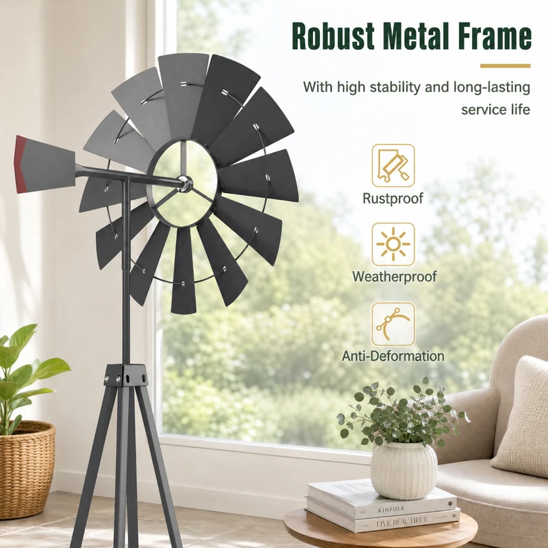 SUGIFT 8 Feet Windmill Metal Wind Spinner, Outdoor Garden Wind Spinner Kinetic Wind Wheel for Yard Lawn Patio Decor, Weather Resistant, Gray