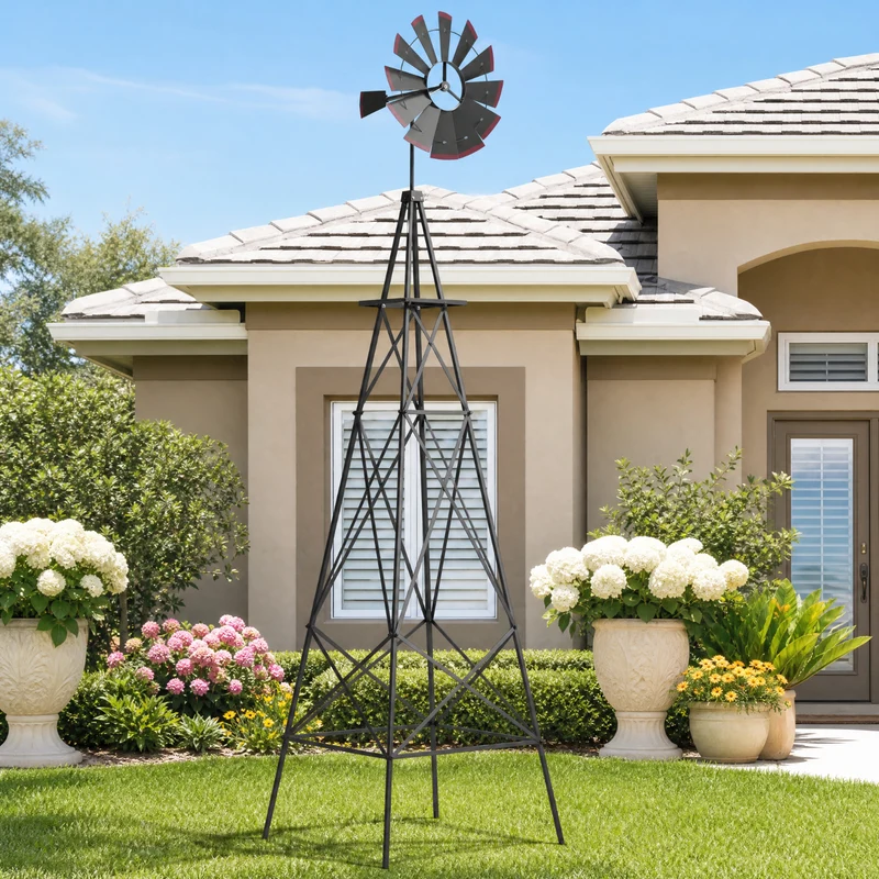 SUGIFT 8 Feet Windmill Metal Wind Spinner, Outdoor Garden Wind Spinner Kinetic Wind Wheel for Yard Lawn Patio Decor, Weather Resistant, Gray