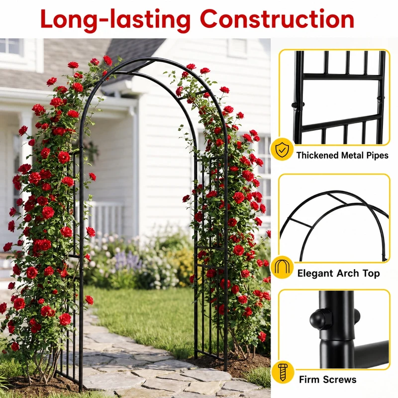 SUGIFT 7.2 FT Garden Arch Trellis, Freestanding Steel Arbor for Climbing Plants Roses Vines Wedding Backdrop Outdoor Yard Patio Decor, Black