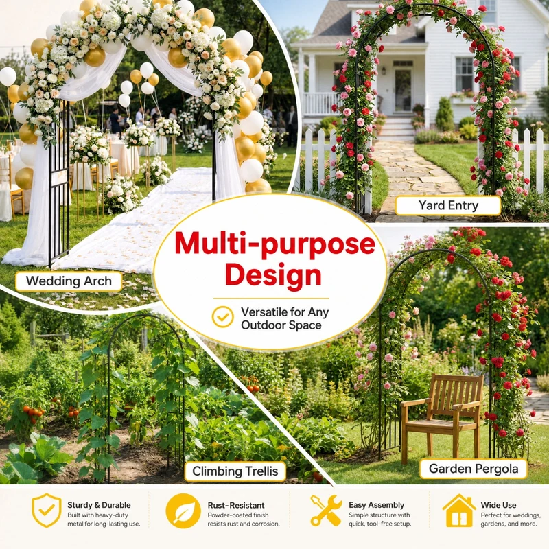 SUGIFT 7.2 FT Garden Arch Trellis, Freestanding Steel Arbor for Climbing Plants Roses Vines Wedding Backdrop Outdoor Yard Patio Decor, Black