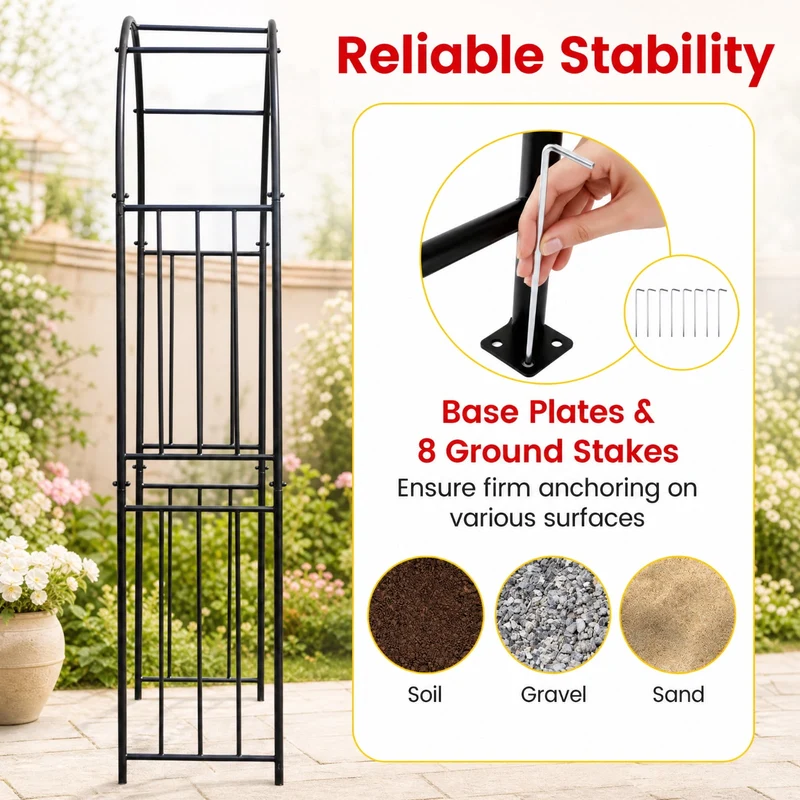SUGIFT 7.2 FT Garden Arch Trellis, Freestanding Steel Arbor for Climbing Plants Roses Vines Wedding Backdrop Outdoor Yard Patio Decor, Black