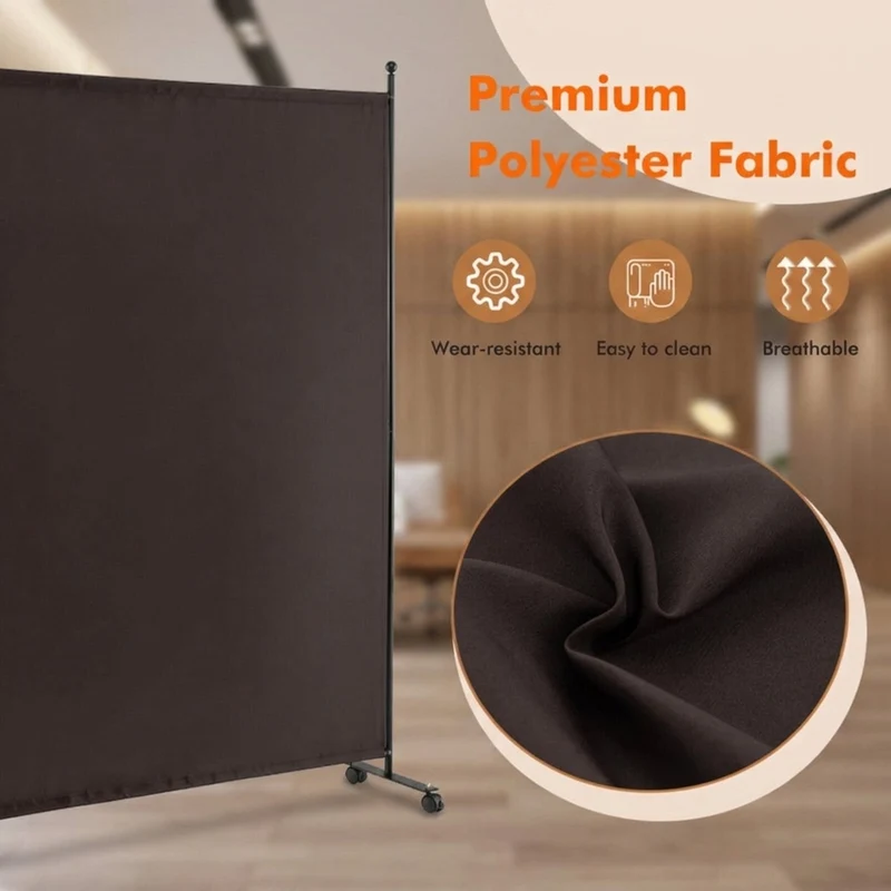 SUGIFT 6 Feet Single Panel Rolling Room Divider with Smooth Wheels, Freestanding Privacy Screen Partition for Bedroom Office Living Room, Brown,