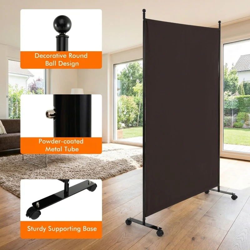 SUGIFT 6 Feet Single Panel Rolling Room Divider with Smooth Wheels, Freestanding Privacy Screen Partition for Bedroom Office Living Room, Brown,