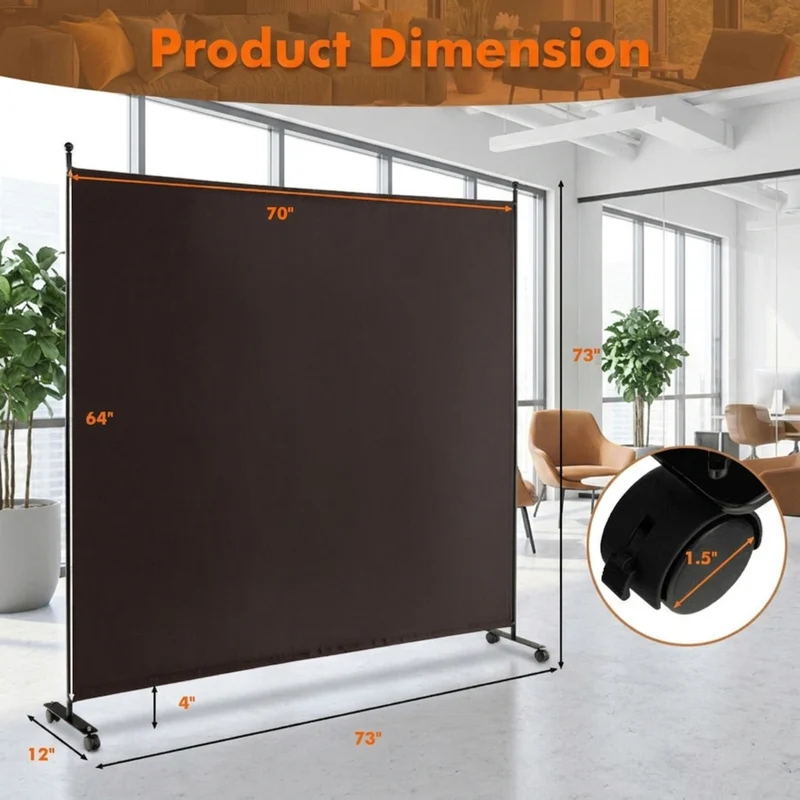 SUGIFT 6 Feet Single Panel Rolling Room Divider with Smooth Wheels, Freestanding Privacy Screen Partition for Bedroom Office Living Room, Brown,