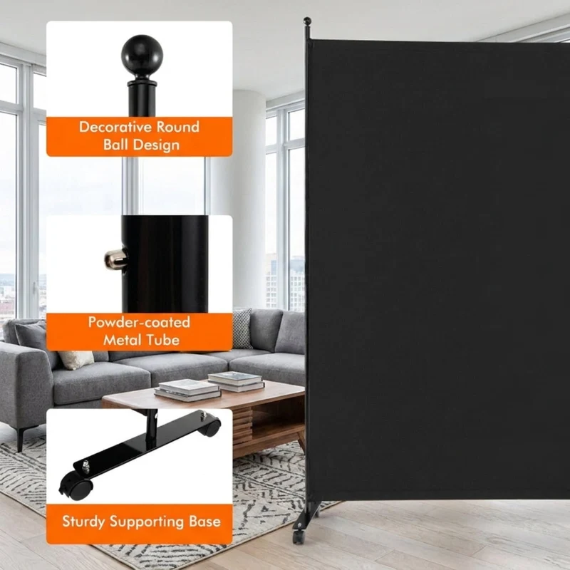 SUGIFT 6 Feet Single Panel Rolling Room Divider with Smooth Wheels, Freestanding Privacy Screen Partition for Bedroom Office Living Room, Black,