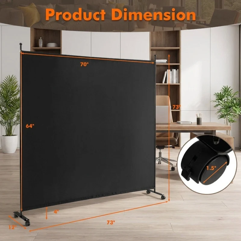 SUGIFT 6 Feet Single Panel Rolling Room Divider with Smooth Wheels, Freestanding Privacy Screen Partition for Bedroom Office Living Room, Black,