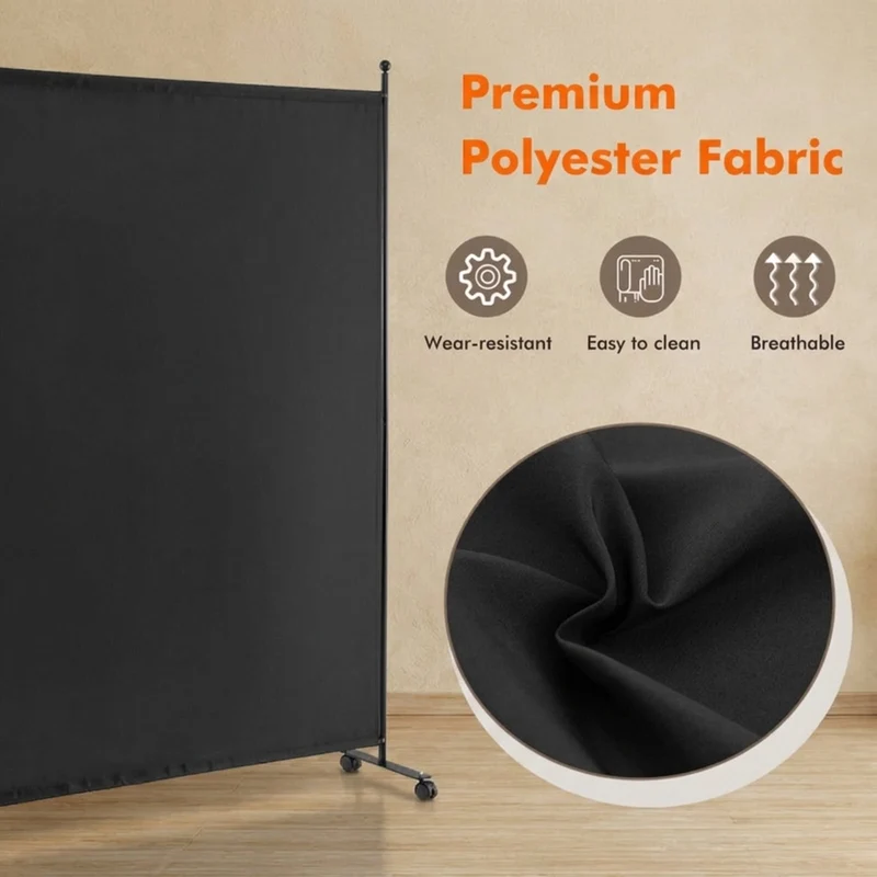 SUGIFT 6 Feet Single Panel Rolling Room Divider with Smooth Wheels, Freestanding Privacy Screen Partition for Bedroom Office Living Room, Black,