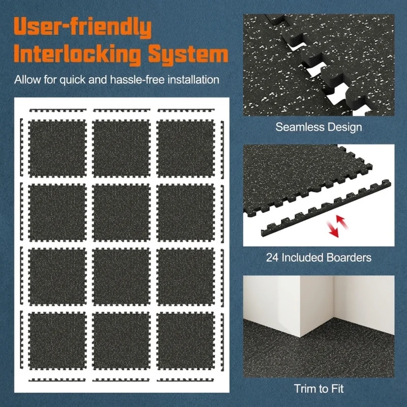 SUGIFT 48 Sq Ft Interlocking Floor Mat Set, 0.79 Inch Thick Rubber Top Gym Flooring Tiles with Borders for Home Garage Workout Room, Black Gray