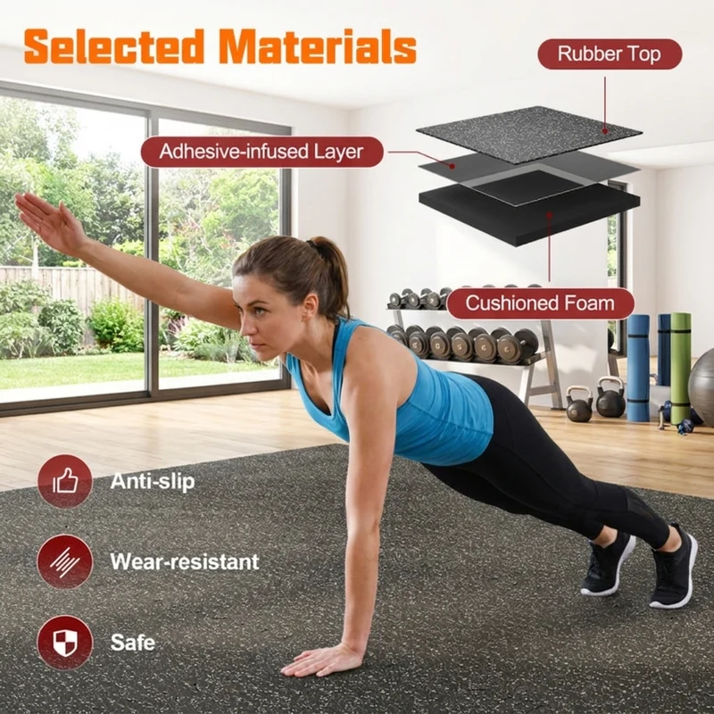 SUGIFT 48 Sq Ft Interlocking Floor Mat Set, 0.79 Inch Thick Rubber Top Gym Flooring Tiles with Borders for Home Garage Workout Room, Black Gray