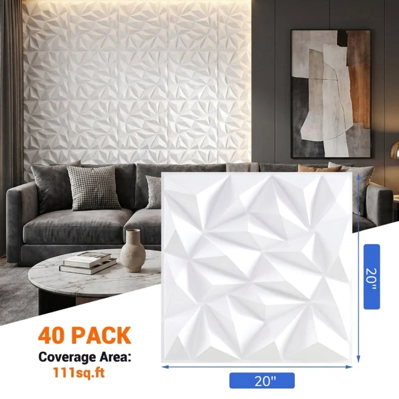 SUGIFT 40 Pack 3D Wall Panels Diamond Pattern, Decorative Wall Panels for Living Room Bedroom Office Ceiling Accent Wall, Paintable Wall Art, White